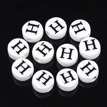 Handmade Porcelain Beads, Horizontal Hole, Flat Round with Letter, White, Letter.H, 8~8.5x4.5mm, Hole: 2mm
