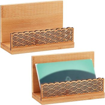 2Pcs Chinese Style Rectangle Bamboo Business Card Holder, Name Card Stand with Sculpture Wave Pattern, Goldenrod, 4.5x10x6.5cm