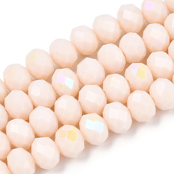 Electroplate Opaque Solid Color Glass Beads Strands, Half Rainbow Plated, Faceted, Rondelle, Antique White, 10x8mm, Hole: 1mm, about 63~65pcs/strand, 19.2~20 inch(48~50cm)