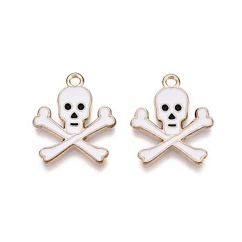 Halloween Theme Alloy Enamel Pendants, Cadmium Free & Lead Free, Light Gold, Skull Charm, White, 21x17.5x1.5mm, Hole: 1.8mm