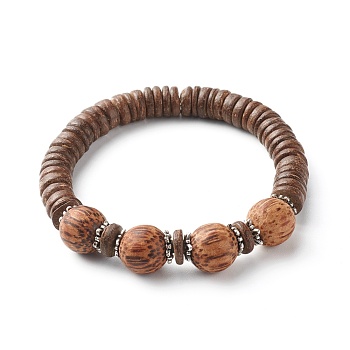 Natural Coconut Wood Beads Stretch Bracelets, with Tibetan Style Alloy Bead Caps, Coconut Brown, Inner Diameter: 2-1/4 inch(5.55cm), 11.5mm