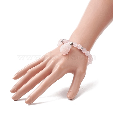 Round Natural Rose Quartz Beaded Stretch Bracelet with Nuggets Charms for Women(BJEW-JB09316-02)-3
