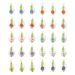 30Pcs 10 Colors Natural Cowrie Shell Pendants, Glass Seed Beads Copper Wire Wrapped Flower Charms, Mixed Color, 26~29x14~15x11~12mm, Hole: 1.6~2.2mm, 3pcs/color(PALLOY-GO00047)
