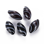 Handmade Blown Glass Globe Beads, with Glitter Powder, Stripe Pattern, Rice, Black, 25~27x12~13mm, Hole: 1~2mm(X-GLAA-T012-14)