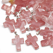 Cherry Quartz Glass Pendants, with Stainless Steel Snap On Bails, Cross, 29~30x18~19x5~6mm, Hole: 6x4mm(G-T080-17)