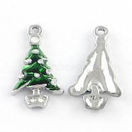 Christmas Theme Alloy Enamel Pendants, Christmas Tree, Platinum, Green, 23x13x2.5mm, Hole: 1.5mm(X-ENAM-R041-19)