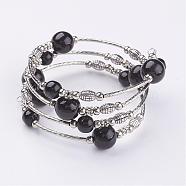 Glass Pearl Bead Wrap Bracelets, Four Loops, with Brass Tube Beads and Iron Bead Spacers, Antique Silver and Platinum, Black, 2-1/8 inch(53mm)(BJEW-JB02860-04)