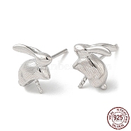 Rhodium Plated 925 Sterling Silver Stud Earring Findings, Rabbit, for Half Drilled Beads, Real Platinum Plated, 10x10x4mm, Pin: 0.7mm(STER-M114-21P)
