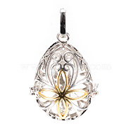 Rack Plating Brass Cage Pendants, For Chime Ball Pendant Necklaces Making, Hollow Teardrop with Flower, Platinum & Golden, 33x27x20.5mm, Hole: 3x9mm, Inner Measure: 24x18mm(KK-R036-16)