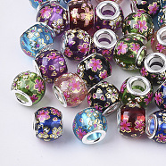 Printed Transparent Glass European Beads, Large Hole Beads, with Platinum Tone Brass Double Cores, Rondelle with Sakura Pattern, Mixed Color, 12x9.5mm, Hole: 5mm(X-GPDL-T003-002)
