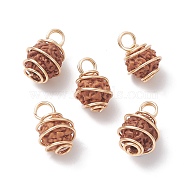 Natural Rudraksha Copper Wire Wrapped Pendants, Barrel Charms, Undyed, Golden, 15~16.5x10~11.5x11mm, Hole: 3mm(PALLOY-JF02068-01)