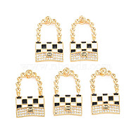 Brass Micro Pave Clear Cubic Zirconia Pendants, with Black & White Enamel, Nickel Free, Bag, Real 18K Gold Plated, 25x16x2.5mm, Jump Ring: 5x1mm, 3mm inner diameter(KK-N233-207)