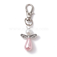 Angel ABS Plastic Imitation Pearl Pendant Decorations, with Alloy Swivel Lobster Claw Clasps, Pink, 63.5mm(HJEW-JM01359-01)