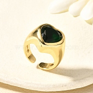 Brass Cuff Rings for Women, Heart, With Glass, Rack Plating, Long-Lasting Plated, Lead Free and Cadmium Free, Real 18K Gold Plated, Dark Green, 16.5mm, Inner Diameter: adjustable(RJEW-Q008-11G-02)