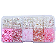 DIY 10 Style ABS & Acrylic Beads Jewelry Making Finding Kit, Heart & Barrel & Round & Flat Round & Imitation Pearl, Pearl Pink, 7~18.5x7.5x2~10.5x1.5~5mm, Hole: 0.7~1.2mm(DIY-N0012-05A)