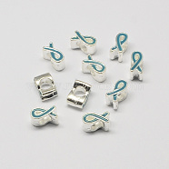 Alloy Enamel Awareness Ribbon Large Hole European Beads, Silver Color Plated, Sky Blue, 11x6x8mm, Hole: 5mm(MPDL-R036-41A)