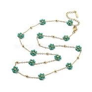 Glass Flower Link Chain Necklaces, 316 Surgical Stainless Steel Jewelry for Women, Real 18K Gold Plated, Light Sea Green, 21.30 inch(54.1cm)(NJEW-H041-04G-02)