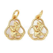 Brass Pave Natural Shell Mermaid Charms with Jump Rings, Real 18K Gold Plated, 13x10.5x2.5mm, Hole: 3mm(KK-P283-10G)