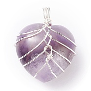 Natural Amethyst Gemstone Pendants, with Silver Tone Copper Wire Wrapped, Heart, 25.5x21x17mm, Hole: 6mm(PALLOY-JF01303-01)