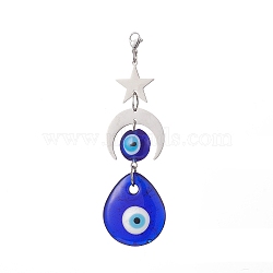 Handmade Evil Eye Lampwork Pendants Decorations, 201 Stainless Steel Moon Star and Lobster Claw Clasps Charms, Teardrop, 100mm(HJEW-JM01008-02)