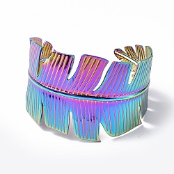 Ion Plating(IP) 304 Stainless Steel Feather Open Cuff Bangle for Women, Rainbow Color, Inner Diameter: 2-1/8x2-3/8 inch(5.35cmx6cm)(BJEW-F442-01MC)