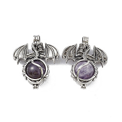 Natural Amethyst Pendants, Dragon Charms, with Rack Plating Antique Silver Plated Brass Findings, Cadmium Free & Lead Free, 47x37x19mm, Hole: 4mm(G-P491-02AS-02)