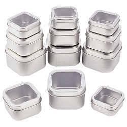 Tinplate Iron Tins, with PVC Claer Window & Slip-on Lid, Storage Box for Candles, Candies, Square, Platinum, 6~7.6x6~7.6x2.7~5cm, Inner Size: 52~72x52~72mm, 12pcs/set(CON-NB0001-37P)