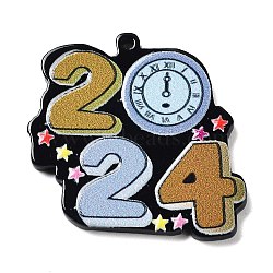 Single-sided Printed Acrylic Pendants, Number 2024 Charm, Light Steel Blue, Clock, 34x33x2.5mm, Hole: 1.6mm(MACR-G067-01D)