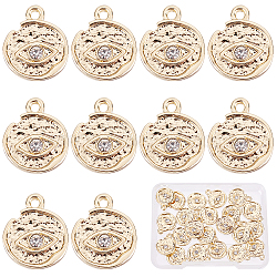 Alloy Charms, with Crystal Rhinestone, Texured, Flat Round with Evil Eye, Real 18K Gold Plated, 14.5x12x3mm, Hole: 1.5mm, 22pcs/box(FIND-SC0002-57)