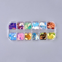 12 Colors Laser Shining Nail Art Glitter, Manicure Sequins, DIY Sparkly Paillette Tips Nail, Packing Box, Mixed Color, 9x6x0.3mm(MRMJ-WH0060-14I)