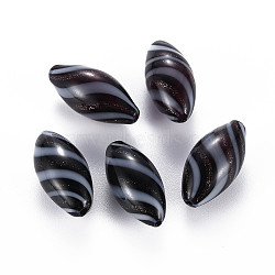 Opaque Handmade Blown Glass Globe Beads, with Glitter Powder, Stripe Pattern, Rice, Black, 25~27x12~13mm, Hole: 1~2mm(X-GLAA-T012-14)