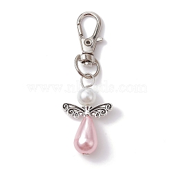 Angel ABS Plastic Imitation Pearl Pendant Decorations, with Alloy Swivel Lobster Claw Clasps, Pink, 63.5mm(HJEW-JM01359-01)