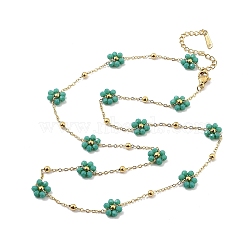 Glass Flower Link Chain Necklaces, 316 Surgical Stainless Steel Jewelry for Women, Real 18K Gold Plated, Light Sea Green, 21.30 inch(54.1cm)(NJEW-H041-04G-02)