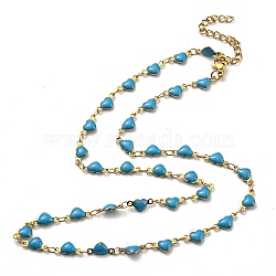 Ion Plating(IP) Golden 304 Stainless Steel Heart Link Chain Necklaces, with Enamel, Sky Blue, 17.72~17.91 inch(45~45.5cm)(NJEW-E098-02G-03)