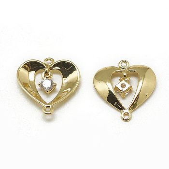 Brass Links connectors, with Cubic Zirconia, Heart, Clear, Real 18K Gold Plated, 13x12x2mm, Hole: 1mm
