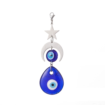 Handmade Evil Eye Lampwork Pendants Decorations, 201 Stainless Steel Moon Star and Lobster Claw Clasps Charms, Teardrop, 100mm