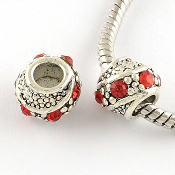 Barrel Antique Silver Plated Metal Alloy Rhinestone European Beads, Large Hole Beads, Light Siam, 10~11x9mm, Hole: 5mm