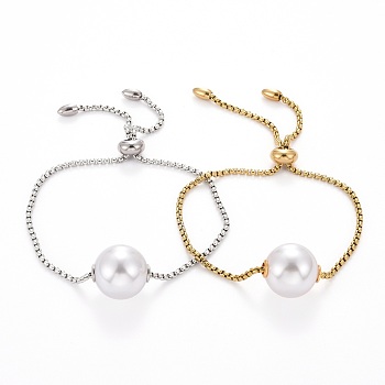 304 Stainless Steel Bolo Bracelets, Slider Bracelets, with Round Plastic Imitation Pearl Beads and Box Chains, Mixed Color, Inner Diameter: 5/8~3-1/8 inch(1.5~7.8cm)