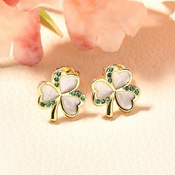 Clover Brass Micro Pave Cubic Zirconia Stud Earring, with Enamel, Rack Plating, Real 18K Gold Plated, Long-Lasting Plated, Cadmium Free & Lead Free, White, 11.5x11.5mm