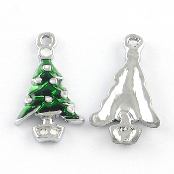 Christmas Theme Alloy Enamel Pendants, Christmas Tree, Platinum, Green, 23x13x2.5mm, Hole: 1.5mm