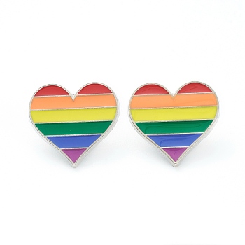 Alloy Pride Enamel Brooches, Enamel Pin, with Butterfly Clutches, Rainbow Heart, Platinum, Colorful, 24.5x26x10mm
