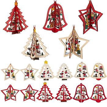 6 Sets 6 Style Christmas Tree & Star & Bell Wooden Ornaments, Christmas Tree Hanging Decorations, for Christmas Party Gift Home Decoration, Mixed Color, 1 set/style