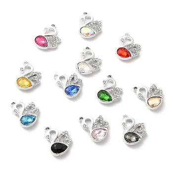UV Plating Alloy Pendants, with Crystal Rhinestone and Glass, Platinum, Swan Charms, Mixed Color, 19.5x15x5mm, Hole: 1.5mm