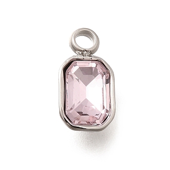 304 Stainless Steel Pendants, with Rhinestone, Stainless Steel Color, Rectangle, Light Peach, 10.5x5.5x3.5mm, Hole: 1.8mm