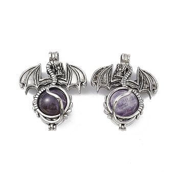 Natural Amethyst Pendants, Dragon Charms, with Rack Plating Antique Silver Plated Brass Findings, Cadmium Free & Lead Free, 47x37x19mm, Hole: 4mm
