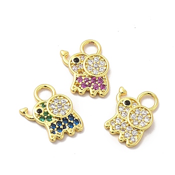 Brass Micro Pave Cubic Zirconia Charms, Cadmium Free & Lead Free, Elephant Charm, Golden, Mixed Color, 13x11x2mm, Hole: 2.8mm