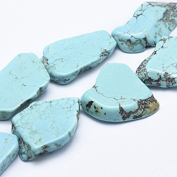 Natural Magnesite Beads Strands, Flat Slab Beads, Dyed & Heated, Nuggets, Cyan, 27~48x20~40x6~8mm, Hole: 1mm, about 8~12pcs/strand, 15.7 inch(40cm)