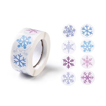 Christmas Themed Flat Round Roll Stickers, Self-Adhesive Paper Gift Tag Stickers, for Party, Decorative Presents, Snowflake Pattern, 25x0.1mm, about 500pcs/roll