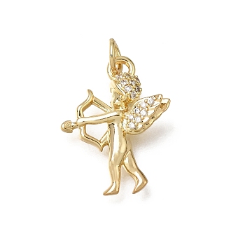 Brass Micro Pave Clear Cubic Zirconia Pendants, with Jump Ring, Angel Charms, Rack Plating, Long-Lasting Plated, Cadmium Free & Lead Free, Real 18K Gold Plated, 19x15x4mm, Hole: 3mm
