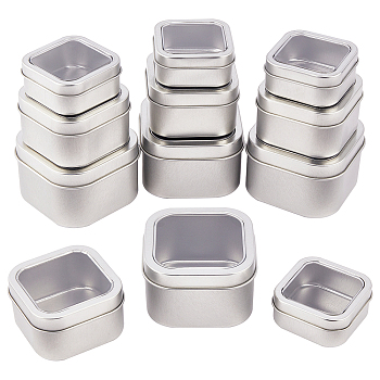 Tinplate Iron Tins, with PVC Claer Window & Slip-on Lid, Storage Box for Candles, Candies, Square, Platinum, 6~7.6x6~7.6x2.7~5cm, Inner Size: 52~72x52~72mm, 12pcs/set